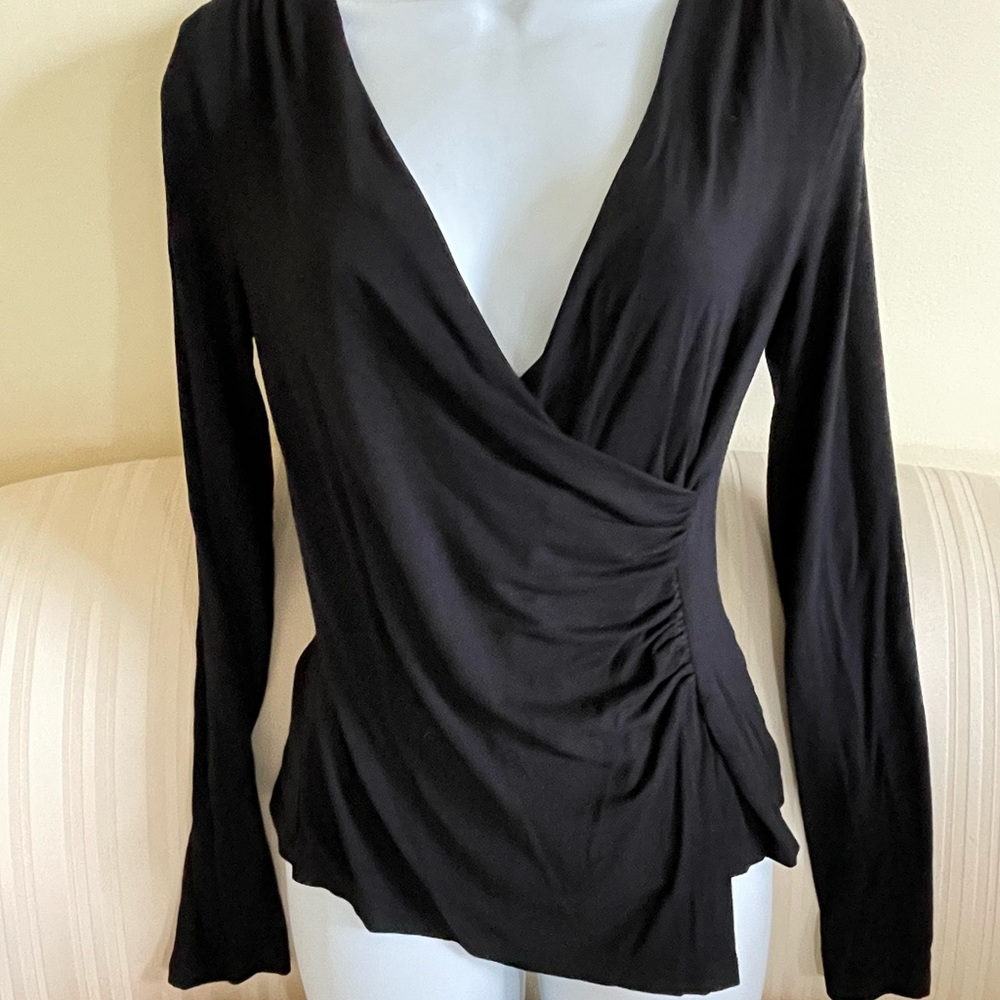 Kenneth Cole New York Black V-Neck Faux Wrap Long Sleeve Top XS